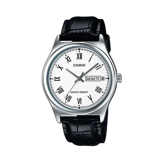CASIO WATCH ANALOGUE WHITE DIAL ROMAN NUMERALS BLACK LEATHER BAND MTPV006L-7B.