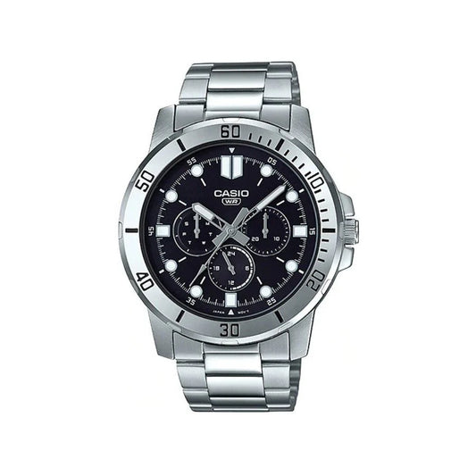 CASIO ANALOGUE WATCH BLACK DIAL STAINLESS STEEL BAND. MTPVD300D-1E