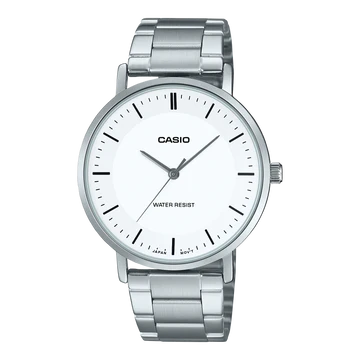 CASIO WATCH ANALOGUE WHITE DIAL STAINLESS STEEL BAND. MTPVT04D-7E