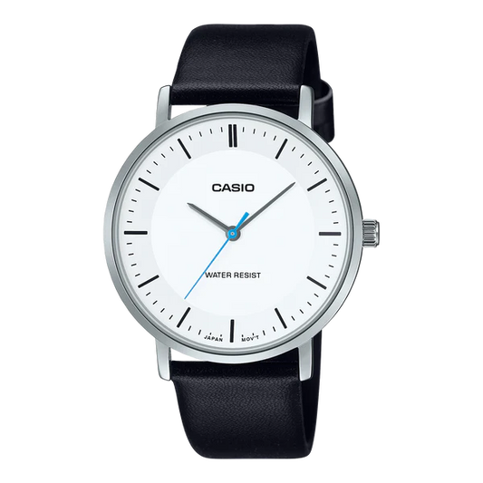 CASIO ANALOGUE WATCH  WHITE DIAL WITH BLACK LEATHER BAND. MTPVT04L-7E