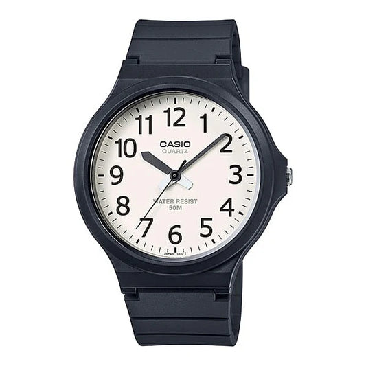 CASIO WATCH ANALOGUE WHITE FACE DATE, 50M WATER RESISTANT BLACK RESIN BAND MW59-7B