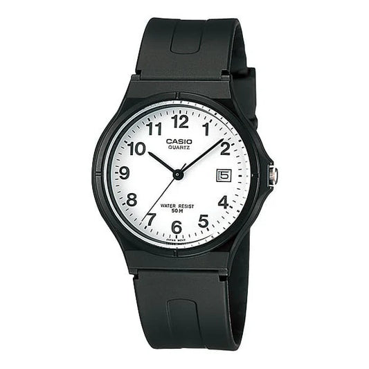 CASIO WATCH ANALOGUE WHITE FACE, 50M WATER RESISTANT BLACK RESIN BAND. MW240-7B