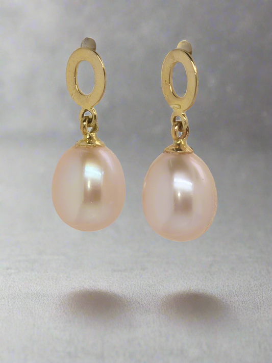 9CT YELLOW GOLD PINK FRESHWATER DROP PEARL STUD EARRINGS