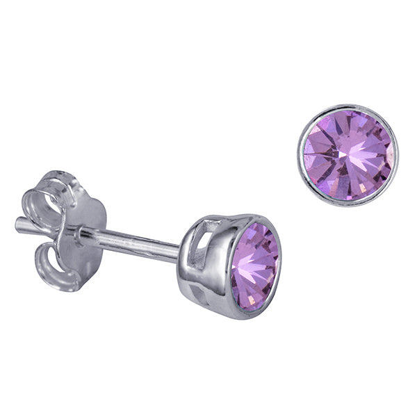 STERLING SILVER 4MM BEZEL SET PURPLE CUBIC ZIRCOINA STUD EARRINGS