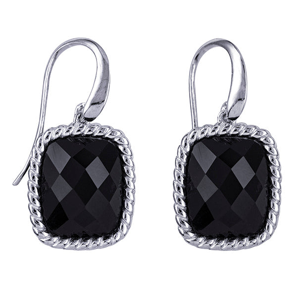 STERLING SILVER CUSHION CUT ONYX DROP HOOK EARRINGS