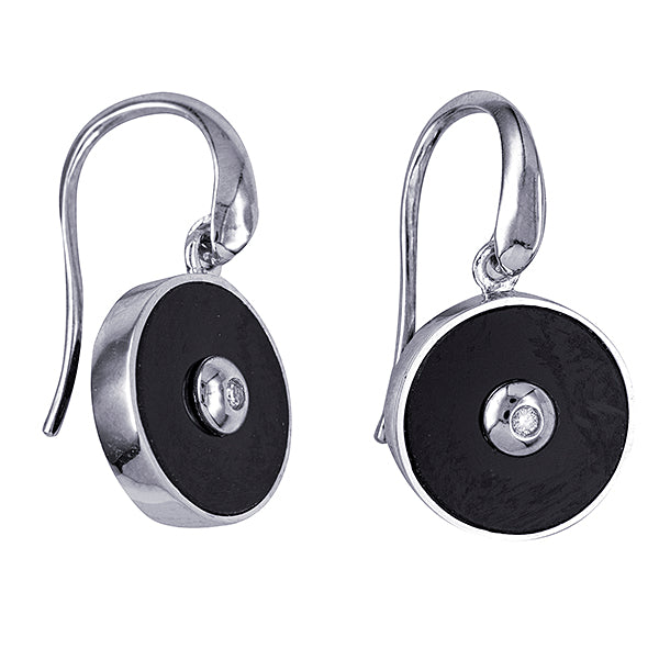 STERLING SILVER 13MM ONYX AND DIAMOND DROP HOOK EARRINGS