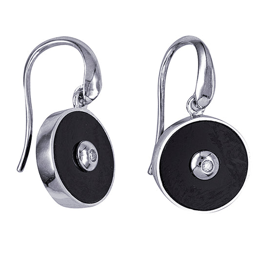 STERLING SILVER 13MM ONYX AND DIAMOND DROP HOOK EARRINGS