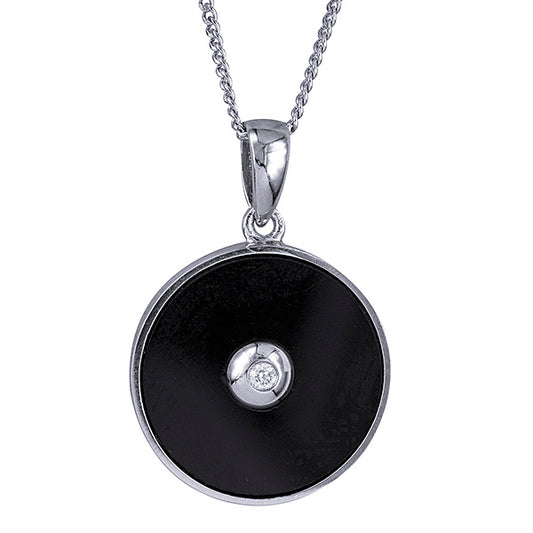 STERLING SILVER 15MM ONYX AND DIAMOND 15MM PENDANT WITH 45CM CURB CHAIN