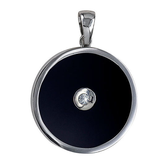 STERLING SILVER 35MM ROUND ONYX AND DIAMOND PENDANT