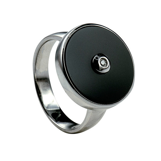 STERLING SILVER 15MM ROUND ONYX AND DIAMOND RING