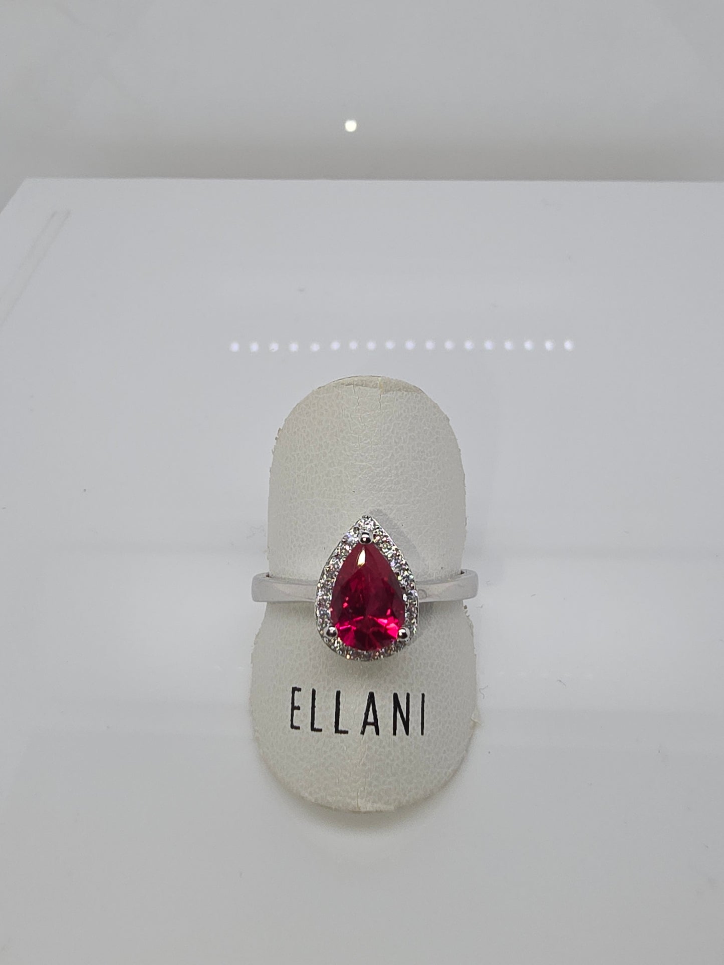 ELLANI STERLING SILVER RHODIUM PLATED RED AND CLEAR CUBIC ZIRCONIA PEAR SHAPE RING R402R