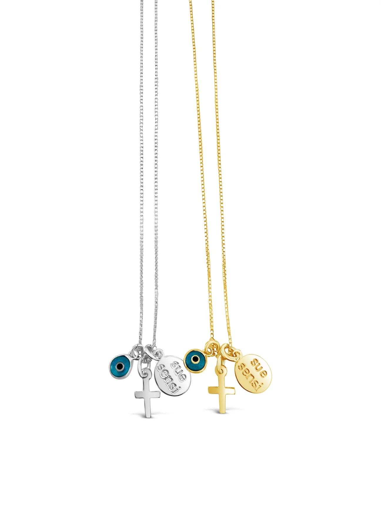 SUE SENSI STERLING SILVER GOLD PLATED REACH FOR THE SKY CROSS NECKLACE.