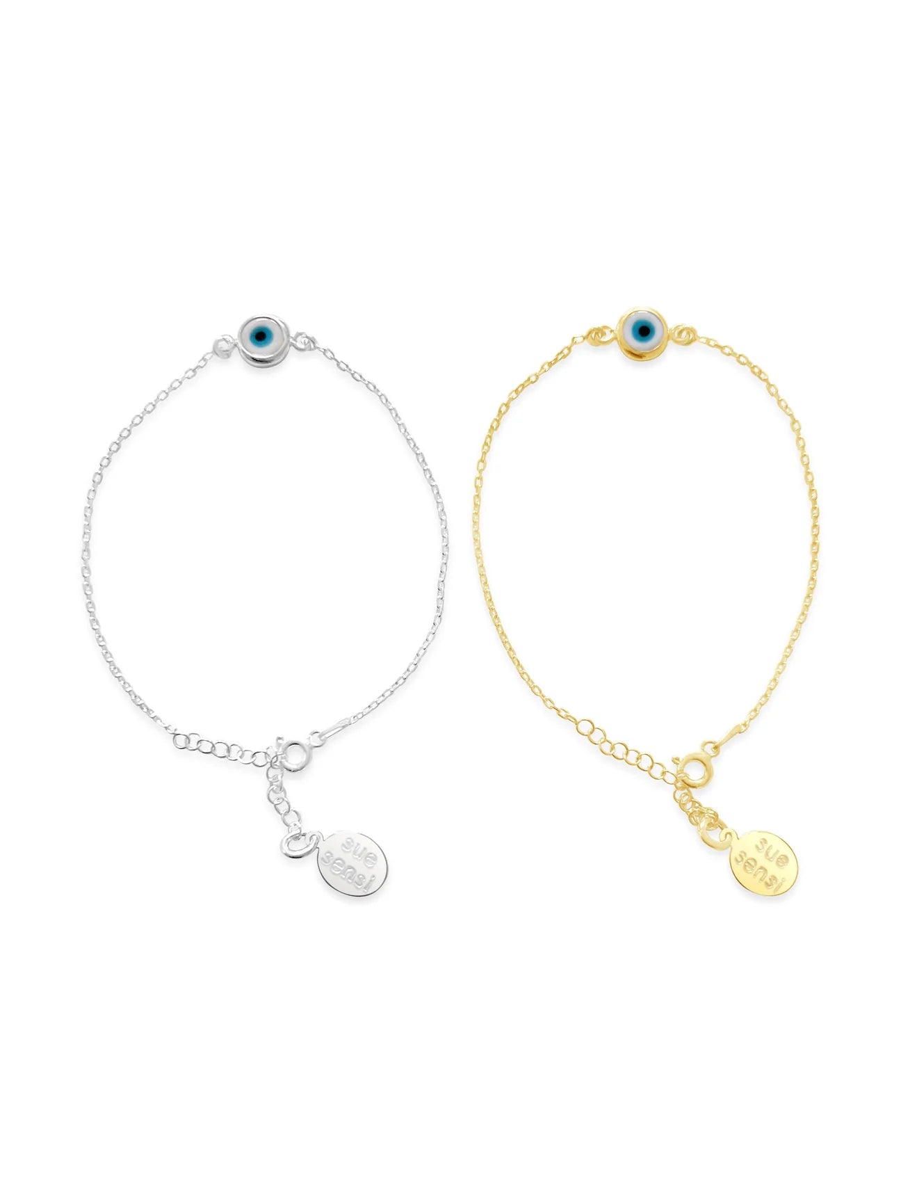 SUE SENSI STERLING SILVER GOLD PLATED SECURE ME BRACELET WITH EVIL EYE.