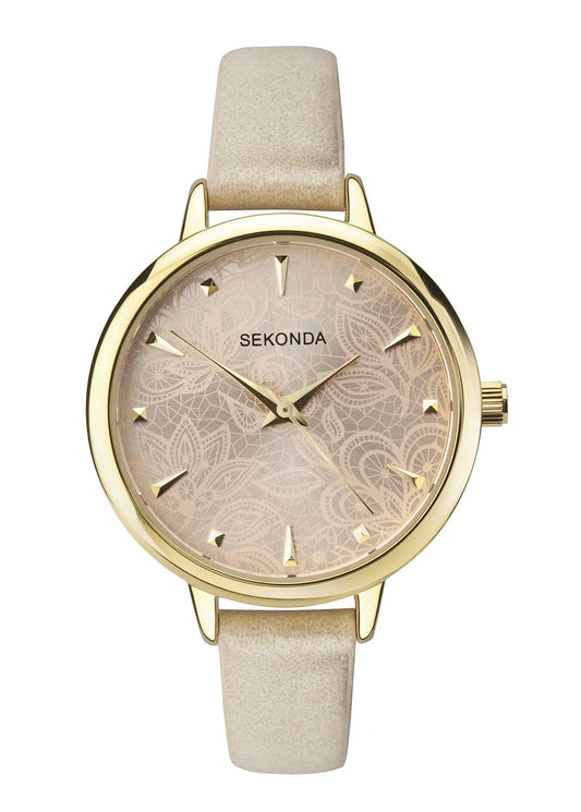 SEKONDA WOMENS WATCH GOLD PLATED CASE CREAM LEATHER BAND SK2665