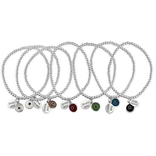 SUE SENSI STERLING SILVER 2MM BALL SO CUTE BRACELET WITH EVIL EYE CHARM.