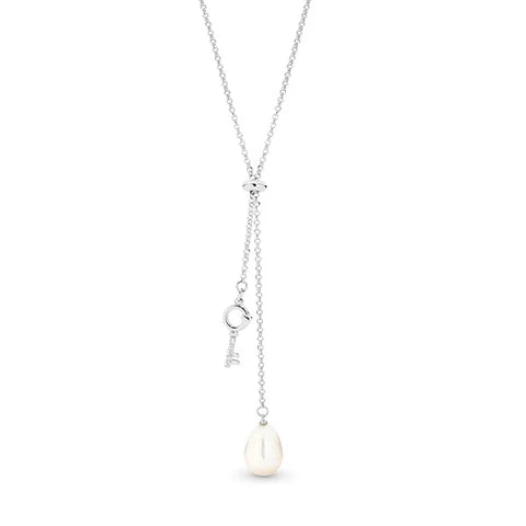 STERLING SILVER  NECKLACE WITH FRESHWATER PEARL AND CUBIC ZIRCONIA KEY CHARM.
