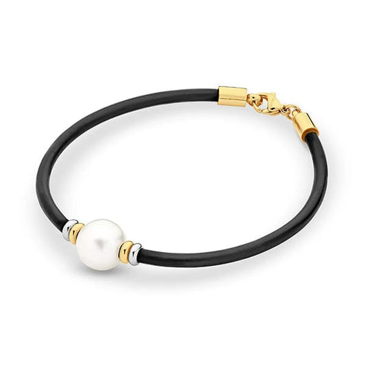 YELLOW GOLD PLATED BLACK NEOPRENE EDISON FRESHWATER PEARL BRACELET.